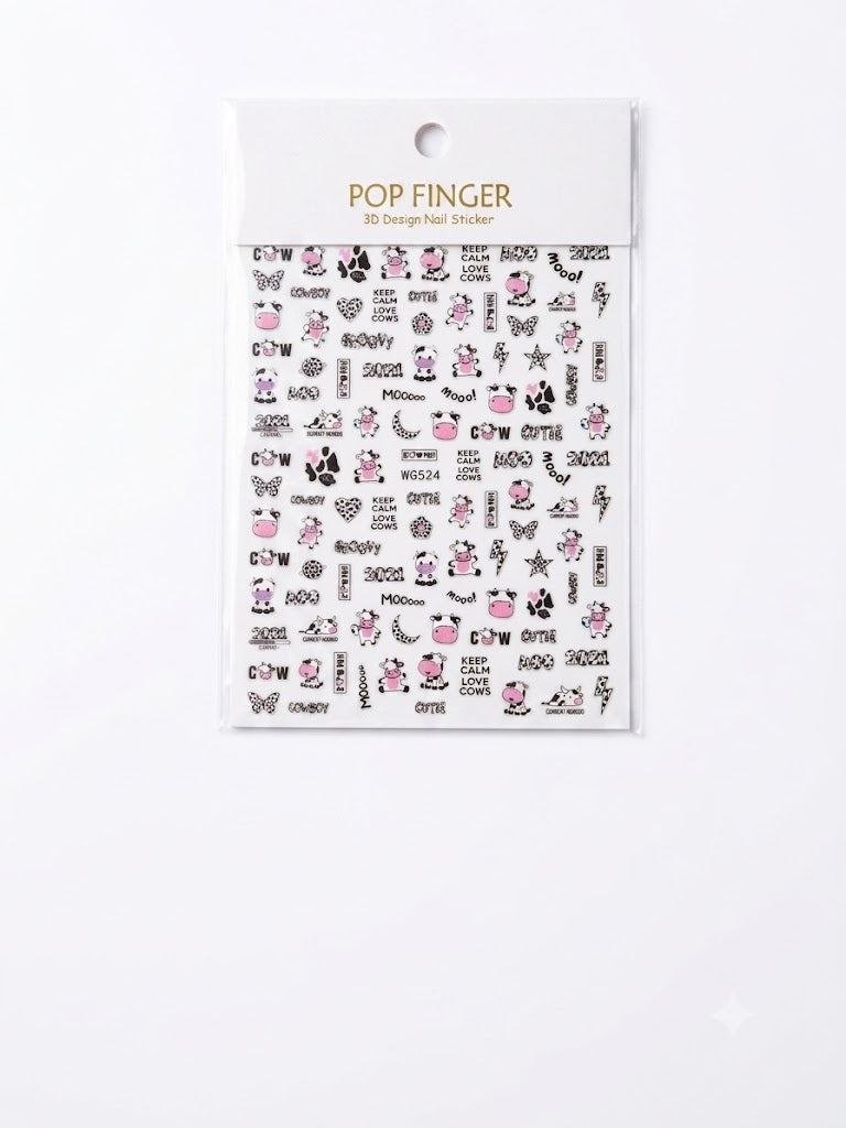 Pop Finger 3D Design Nail Stickers WG524 – Vaquitas, Manchas Animal Print y Frases