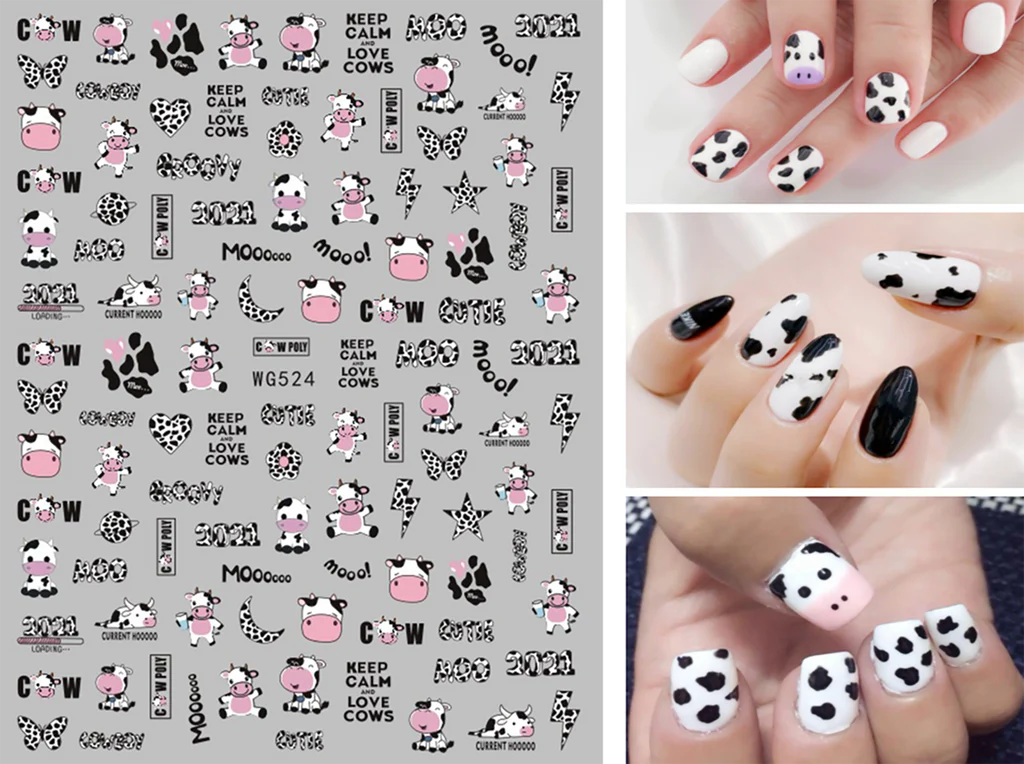 Pop Finger 3D Design Nail Stickers WG524 – Vaquitas, Manchas Animal Print y Frases