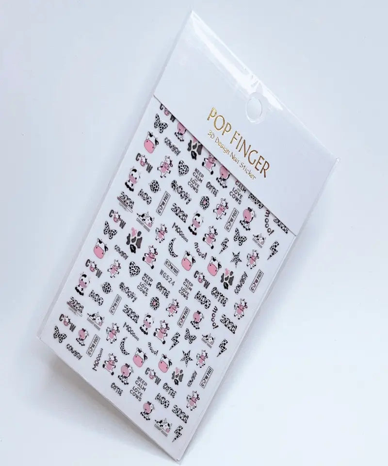 Pop Finger 3D Design Nail Stickers WG524 – Vaquitas, Manchas Animal Print y Frases