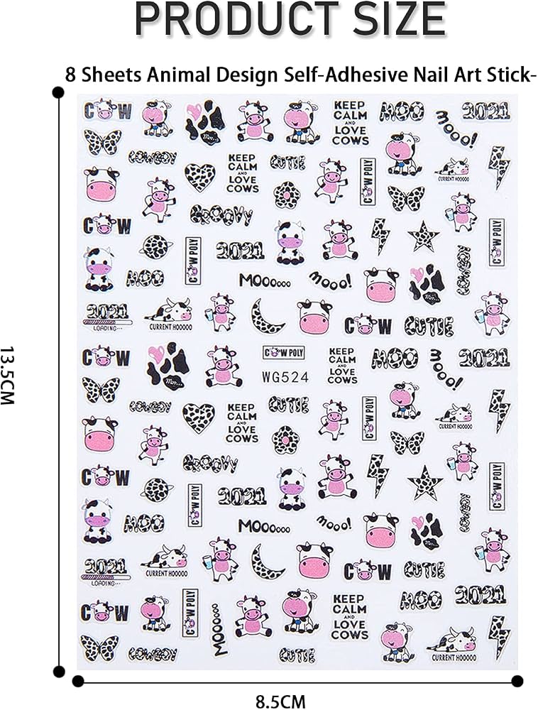 Pop Finger 3D Design Nail Stickers WG524 – Vaquitas, Manchas Animal Print y Frases
