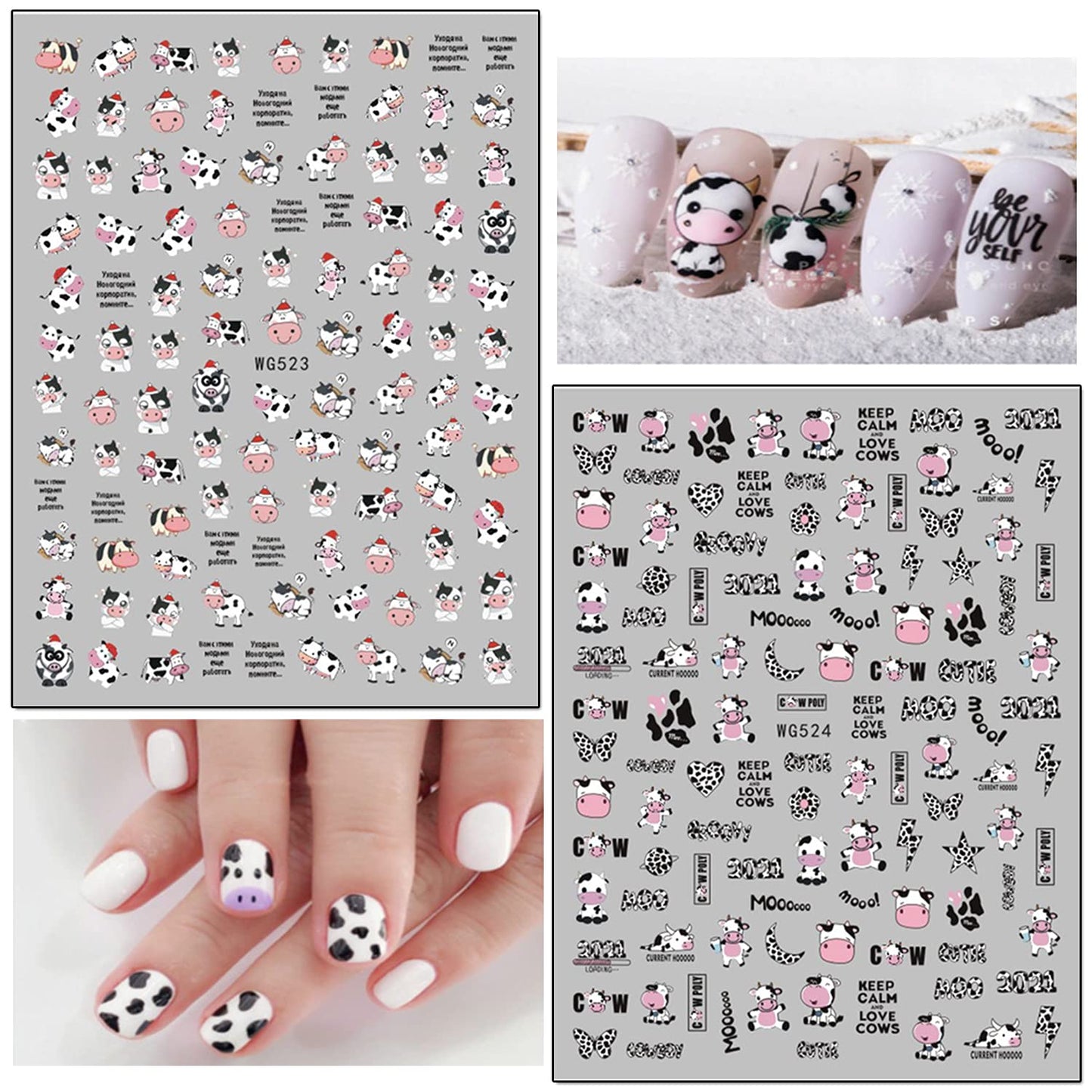 Pop Finger 3D Design Nail Stickers WG524 – Vaquitas, Manchas Animal Print y Frases