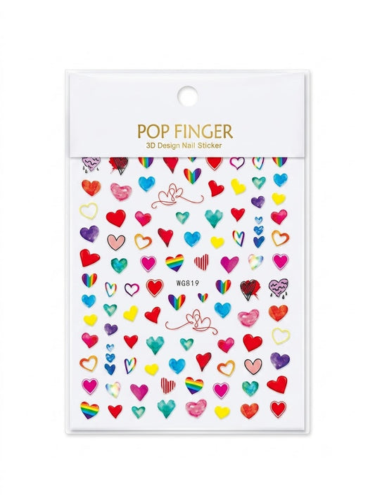 Pop Finger 3D Design Nail Stickers WG819 – Corazones Multicolores