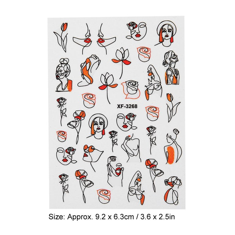 Flower Nail Stickers XF-3268 – Rostros, Siluetas y Arte Lineal para Uñas