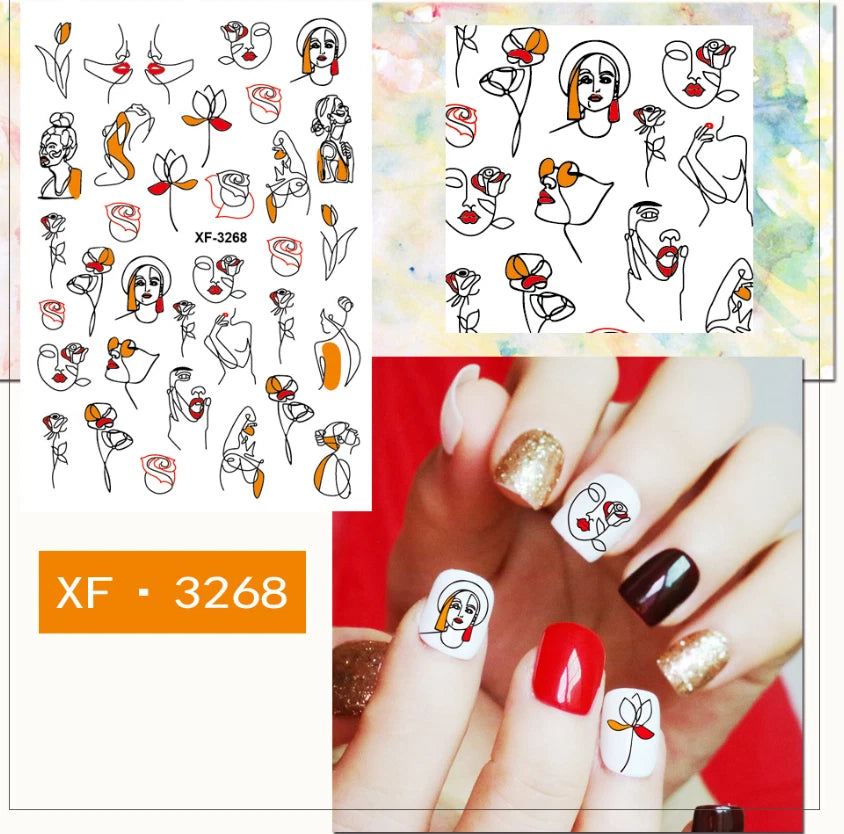 Flower Nail Stickers XF-3268 – Rostros, Siluetas y Arte Lineal para Uñas