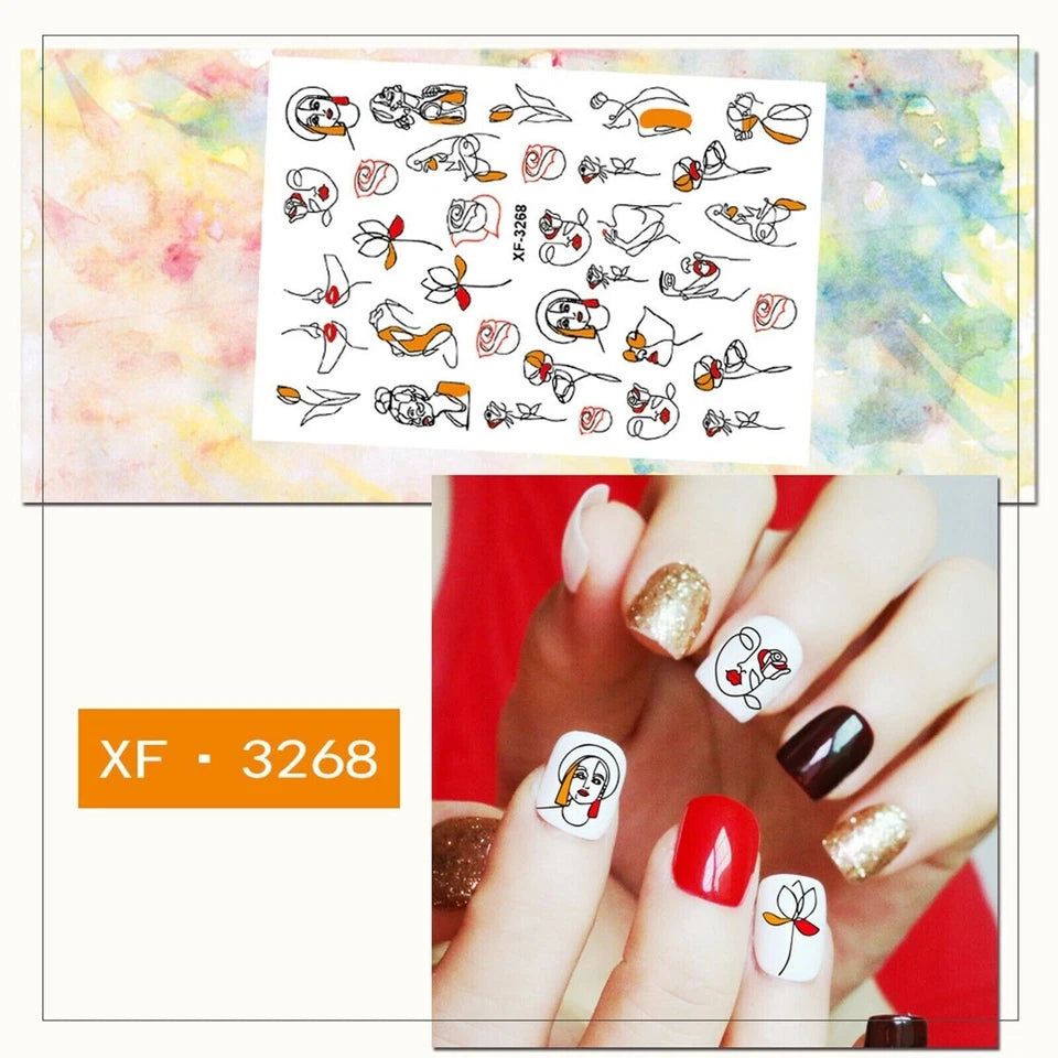 Flower Nail Stickers XF-3268 – Rostros, Siluetas y Arte Lineal para Uñas