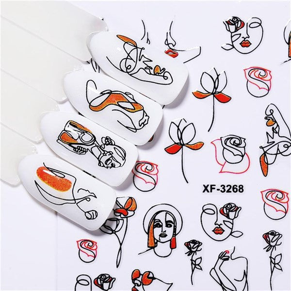 Flower Nail Stickers XF-3268 – Rostros, Siluetas y Arte Lineal para Uñas