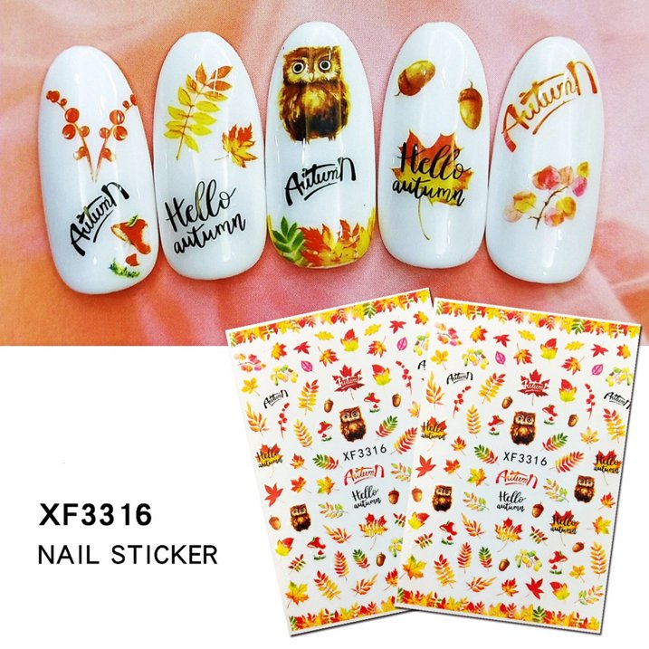 Flower Nail Art Decal XF3316 – Stickers Otoñales con Hojas, Búhos y Bellotas para Uñas