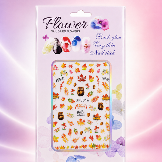 Flower Nail Art Decal XF3316 – Stickers Otoñales con Hojas, Búhos y Bellotas para Uñas