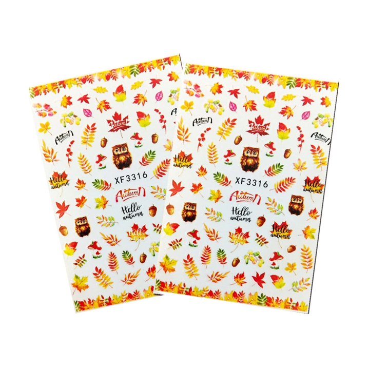 Flower Nail Art Decal XF3316 – Stickers Otoñales con Hojas, Búhos y Bellotas para Uñas