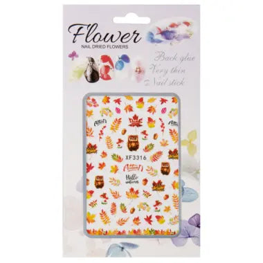 Flower Nail Art Decal XF3316 – Stickers Otoñales con Hojas, Búhos y Bellotas para Uñas