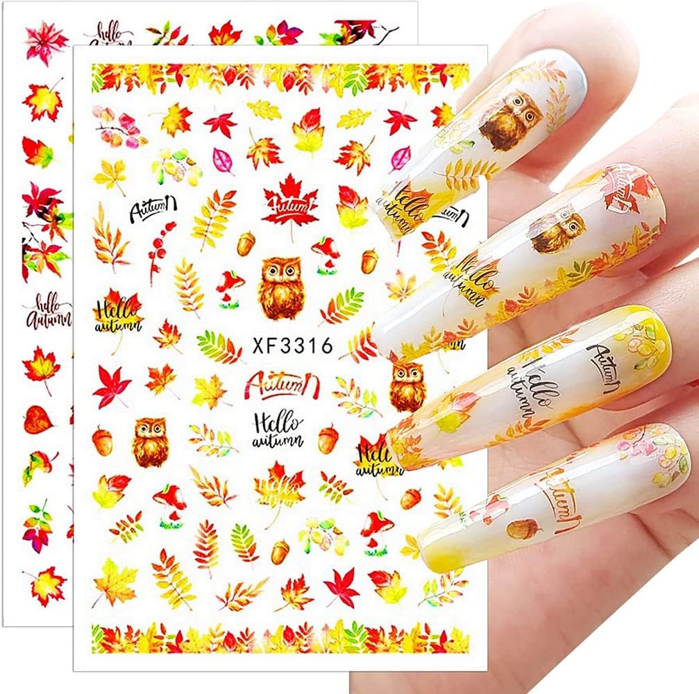 Flower Nail Art Decal XF3316 – Stickers Otoñales con Hojas, Búhos y Bellotas para Uñas