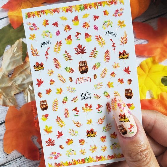 Flower Nail Art Decal XF3316 – Stickers Otoñales con Hojas, Búhos y Bellotas para Uñas