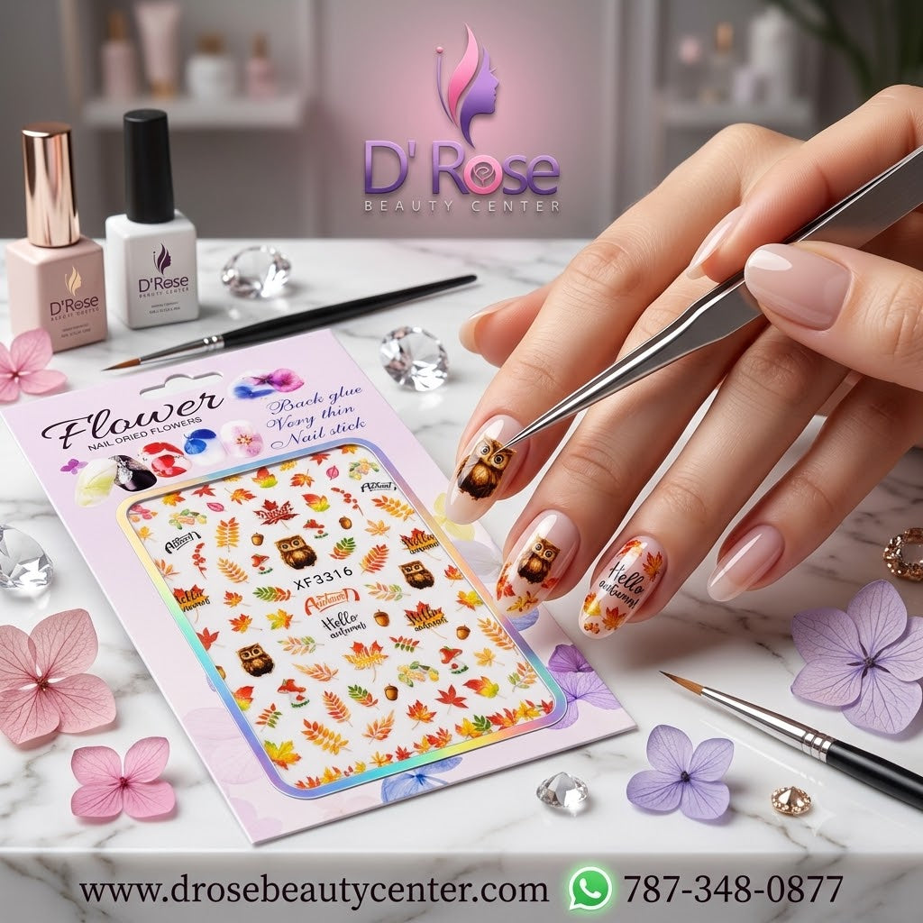 Flower Nail Art Decal XF3316 – Stickers Otoñales con Hojas, Búhos y Bellotas para Uñas