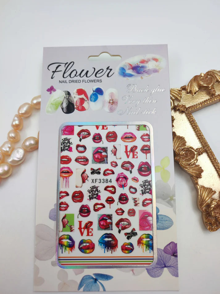Flower Nail Stickers XF3384 – Labios, Paletas y Diseños Pop Multicolor para Uñas
