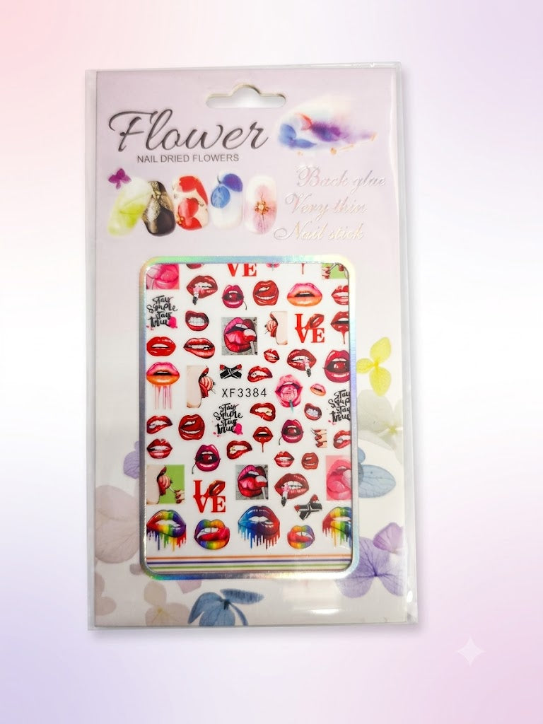 Flower Nail Stickers XF3384 – Labios, Paletas y Diseños Pop Multicolor para Uñas