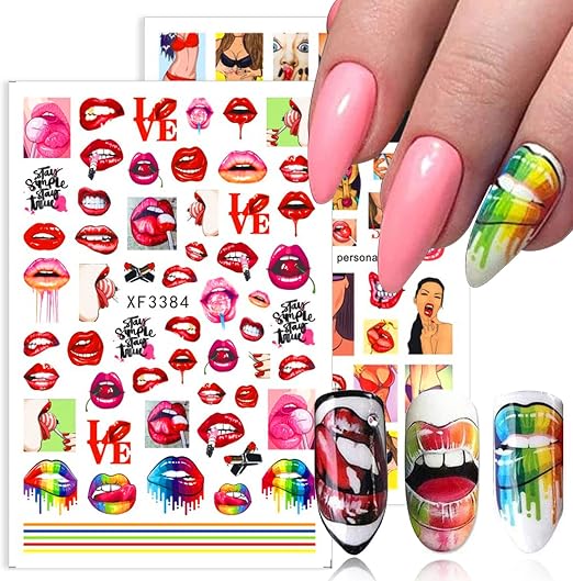 Flower Nail Stickers XF3384 – Labios, Paletas y Diseños Pop Multicolor para Uñas