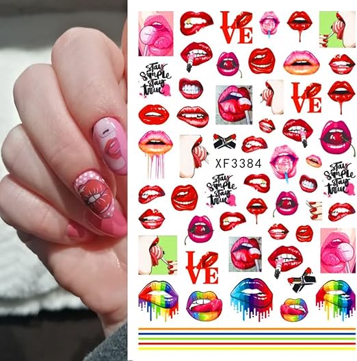 Flower Nail Stickers XF3384 – Labios, Paletas y Diseños Pop Multicolor para Uñas