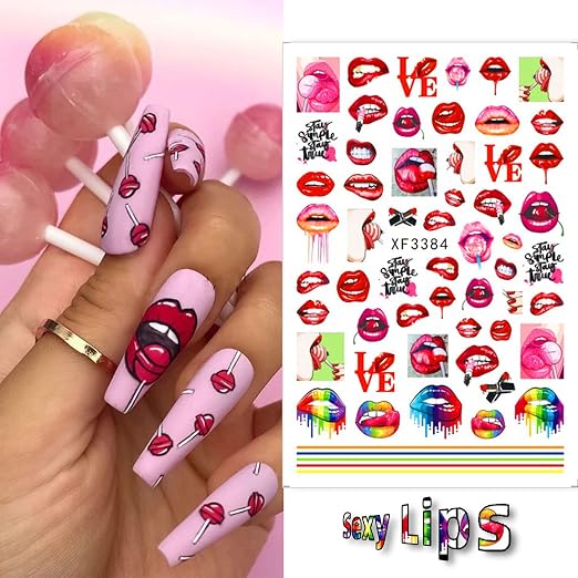 Flower Nail Stickers XF3384 – Labios, Paletas y Diseños Pop Multicolor para Uñas