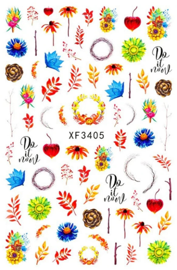 Flower Nail Stickers XF3405 – Flores, Hojas y Diseños de Otoño para Uñas