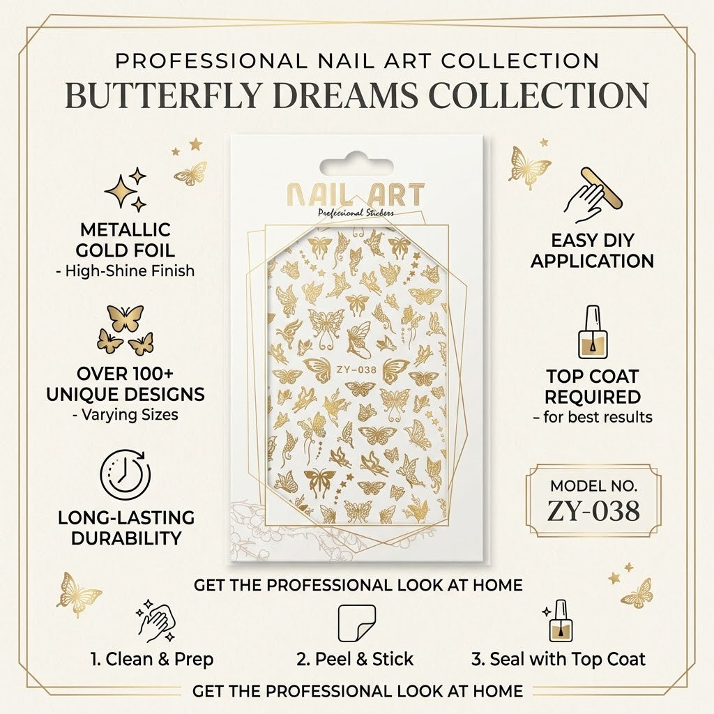 Nail Art Professional Stickers ZY-038 – Mariposas Doradas para Uñas