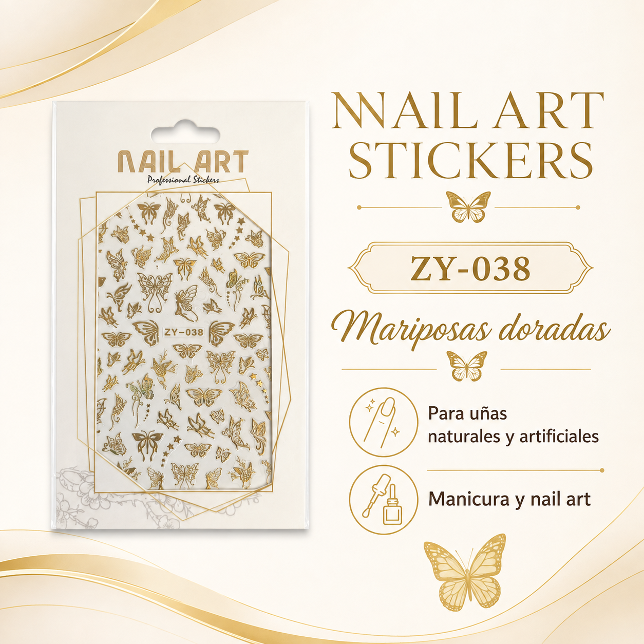 Nail Art Professional Stickers ZY-038 – Mariposas Doradas para Uñas