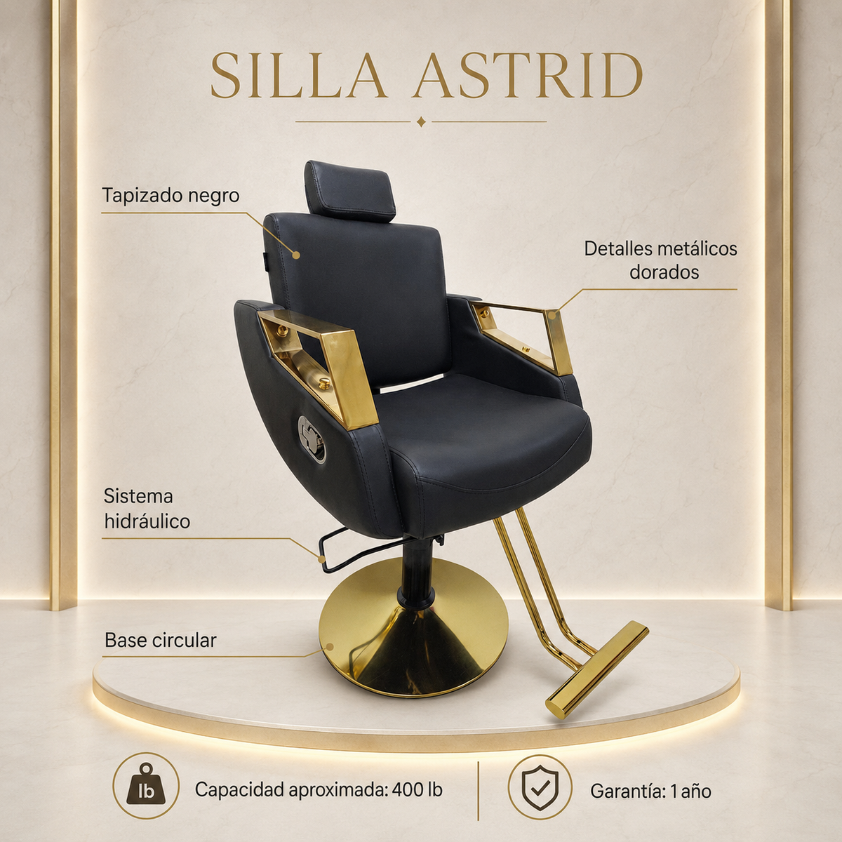 Silla Astrid Beauty Style 2539281 Reclinable Negra y Dorada