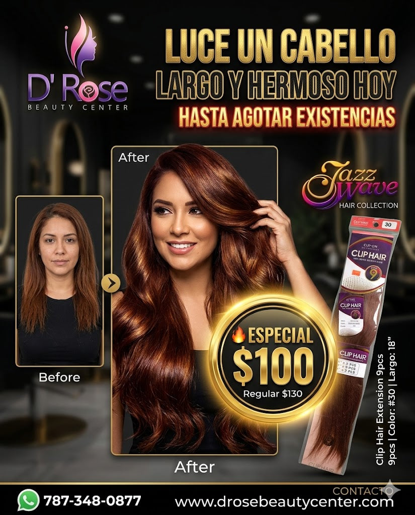 ✨ Extensiones Jazz Wave Clip-On 18” Color #30 – 9 Piezas | 100% Remy Human Hair ✨