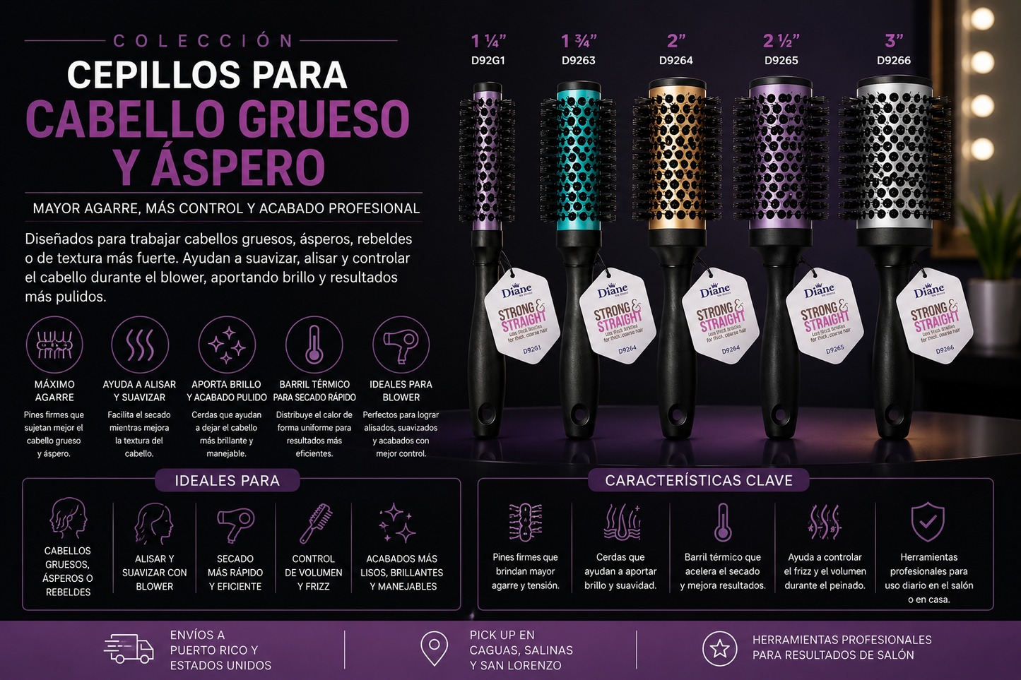Diane Thermal Porcupine Round Brush 2 ¼” D9266 Strong & Straight para Cabello Grueso y Blowouts Profesionales