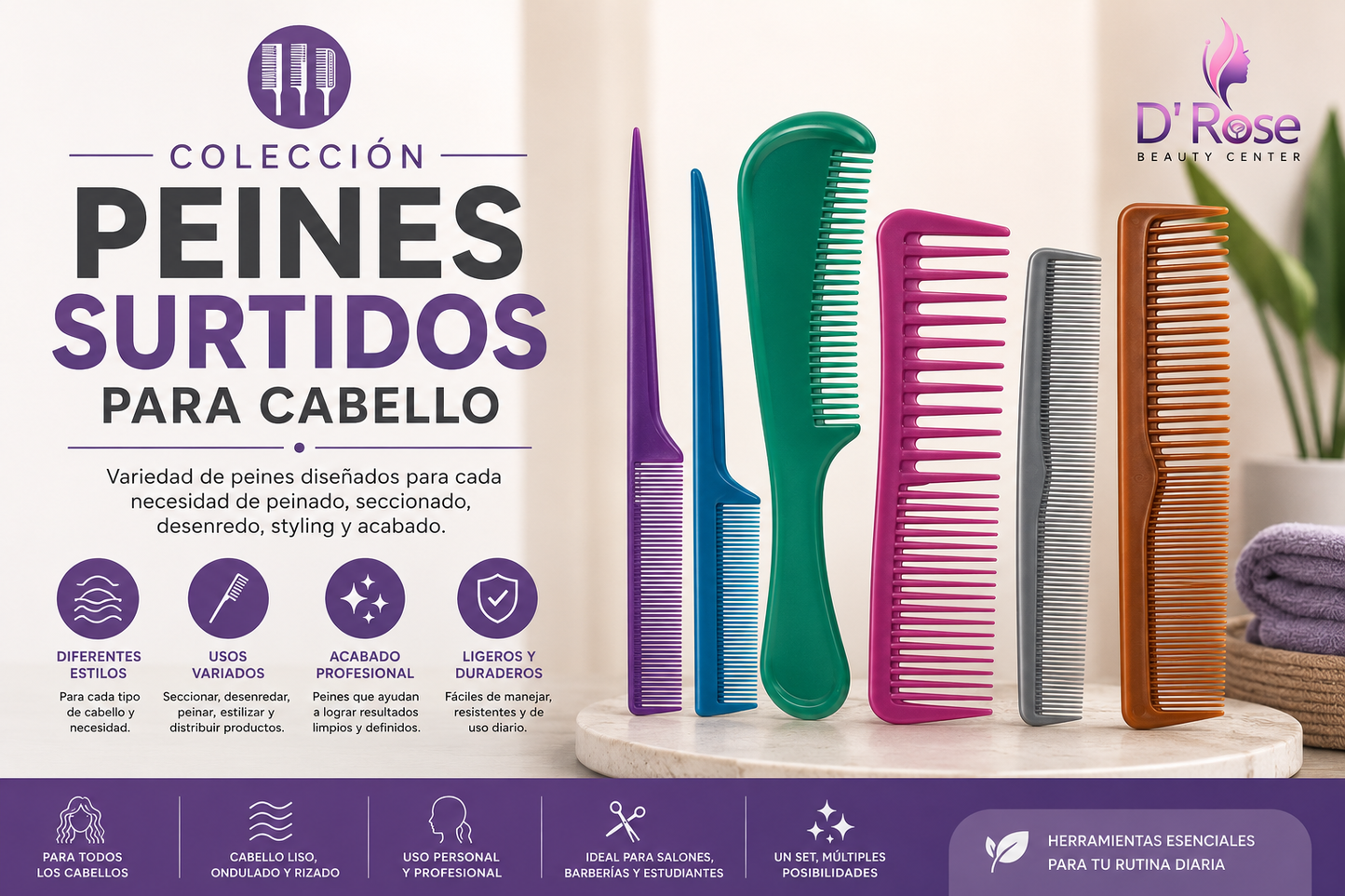 Diane Assorted Comb Set 6-Pack DBC047 – Set de 6 Peines Surtidos para Desenredar, Peinar y Estilizar