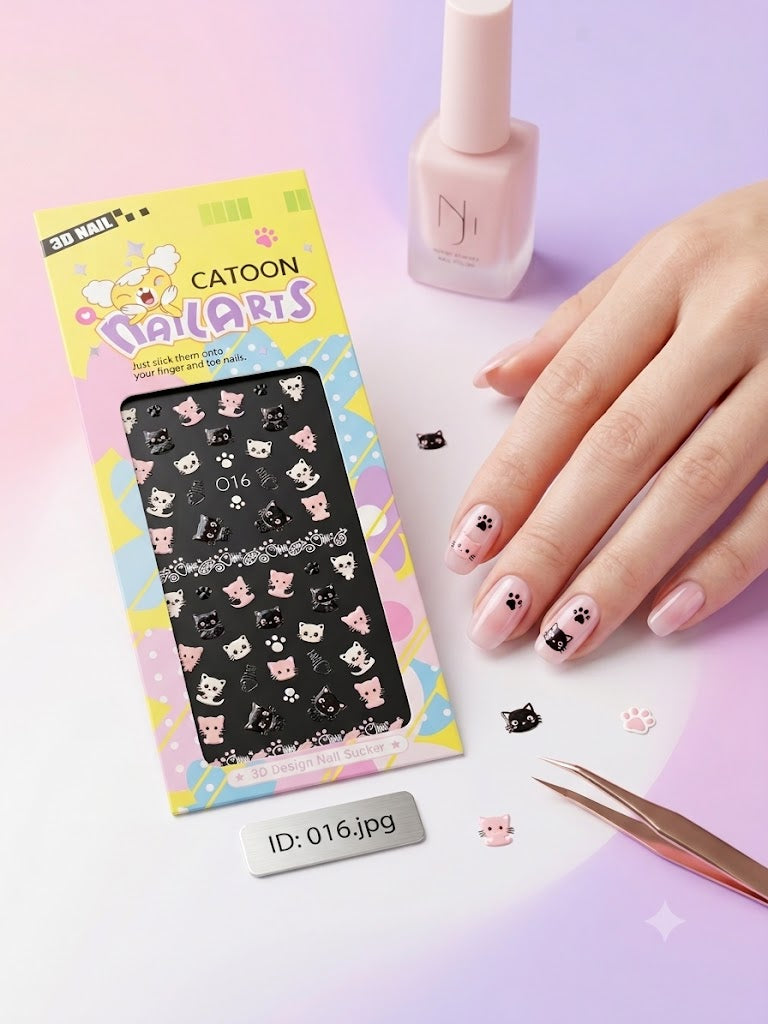 Catoon Nail Arts 3D Nail Stickers 016 – Gatitos, Huellas y Espinas de Pescado