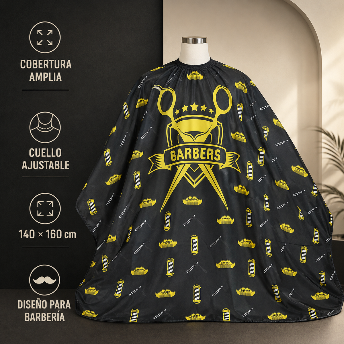 Beauty Style Capa de Corte para Barbería 0717165 | Negra con Diseño Amarillo