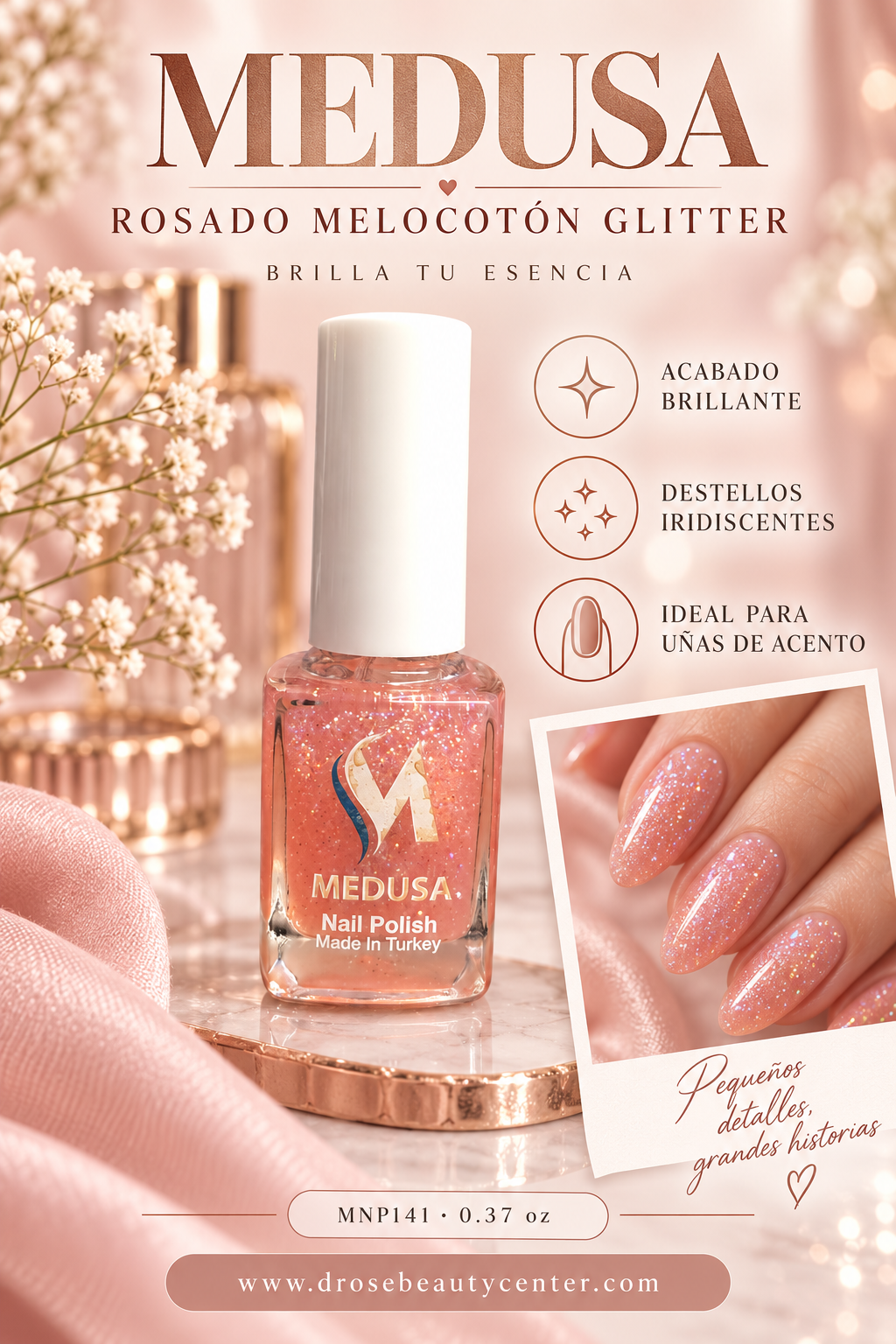 Medusa Esmalte Rosado Melocotón Glitter MNP141 0.37 oz