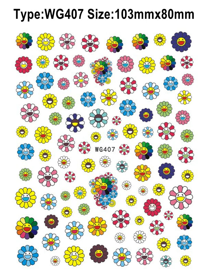 Pop Finger 3D Design Nail Stickers WG407 – Flores Coloridas con Caritas