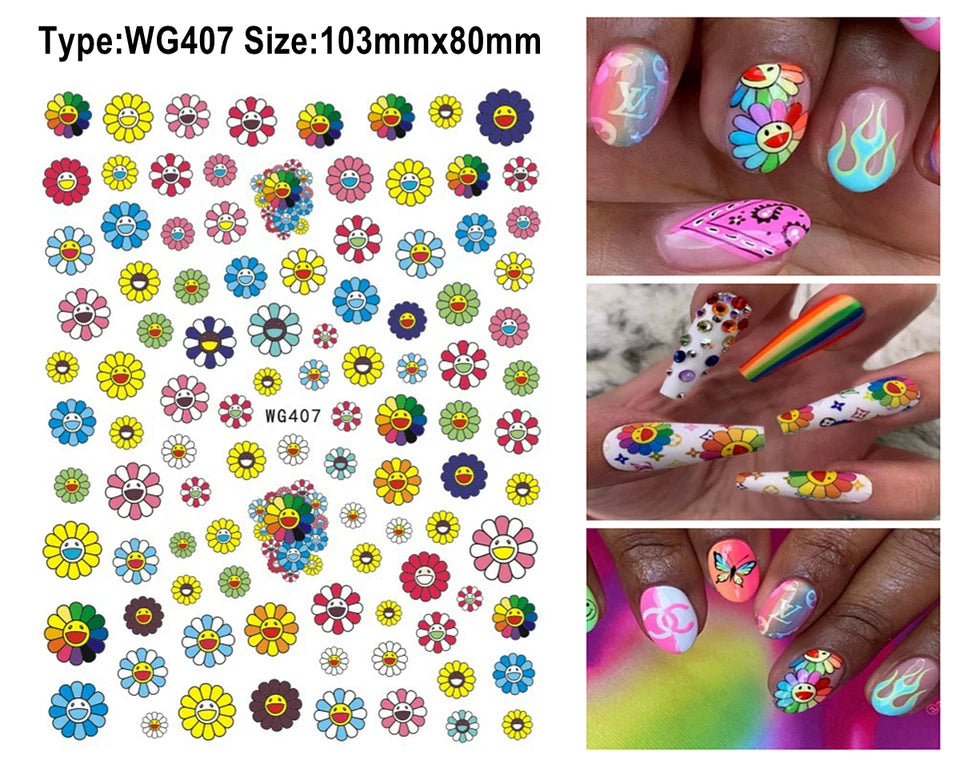 Pop Finger 3D Design Nail Stickers WG407 – Flores Coloridas con Caritas